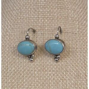 Vintage Sterling Silver Oval Turquoise Dangle Earrings ATI Mexico 925